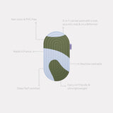 Pad Galé Hercule Studio déplié avec traits d'information – mini tapis 3‑en‑1 imprimé kaki et bleu (Axel) – ergonomique pour genoux, coudes, fessiers, multi-usage nomade, compatible Pilates/Reformer, design français durable