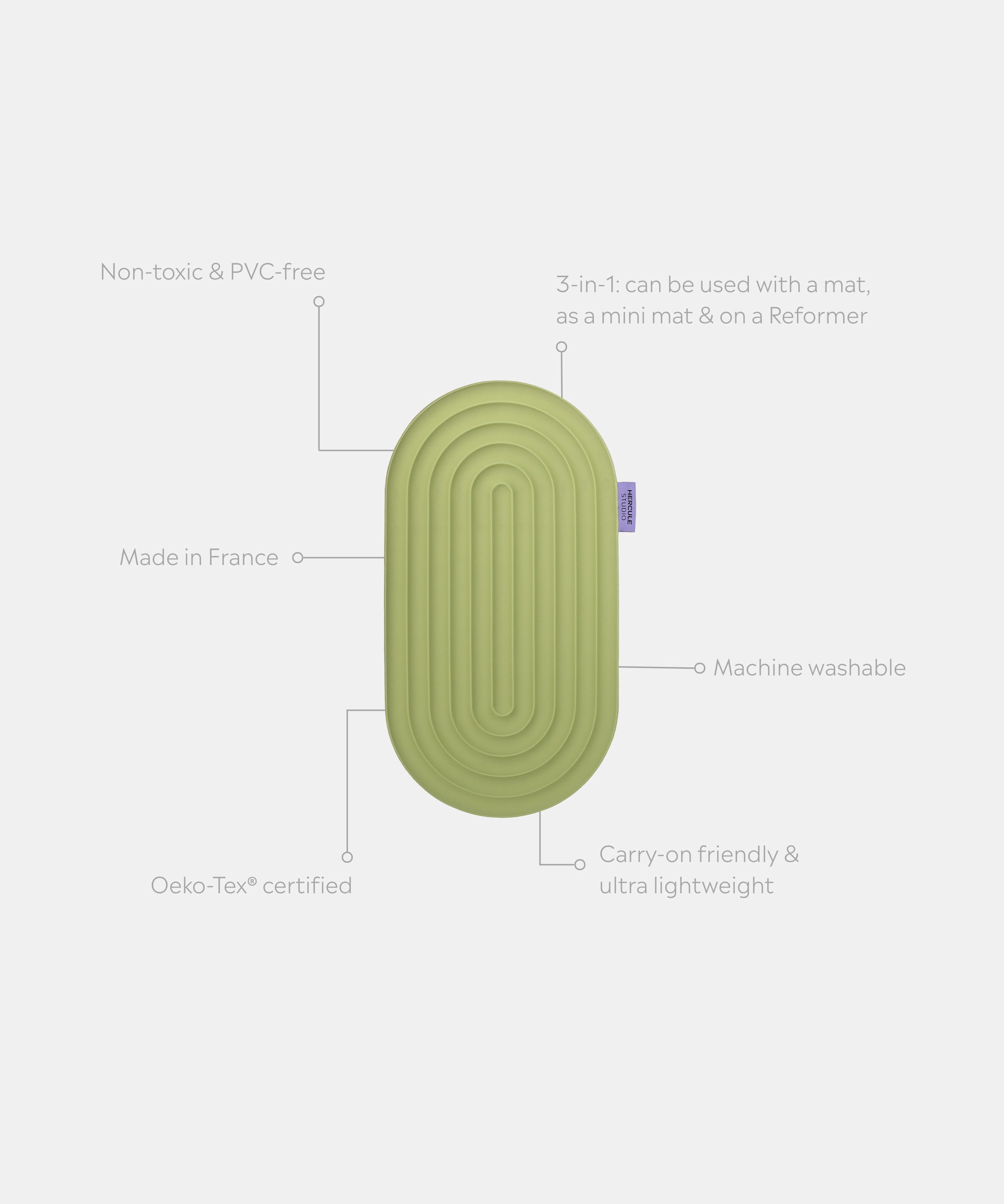 Mini tapis Galé Hercule Studio déplié avec éléments de réassurance – pad 3‑en‑1 vert clair (Pistache) – support ergonomique zones sensibles, nomade, multi-usage, compatible Pilates et Reformer, design durable