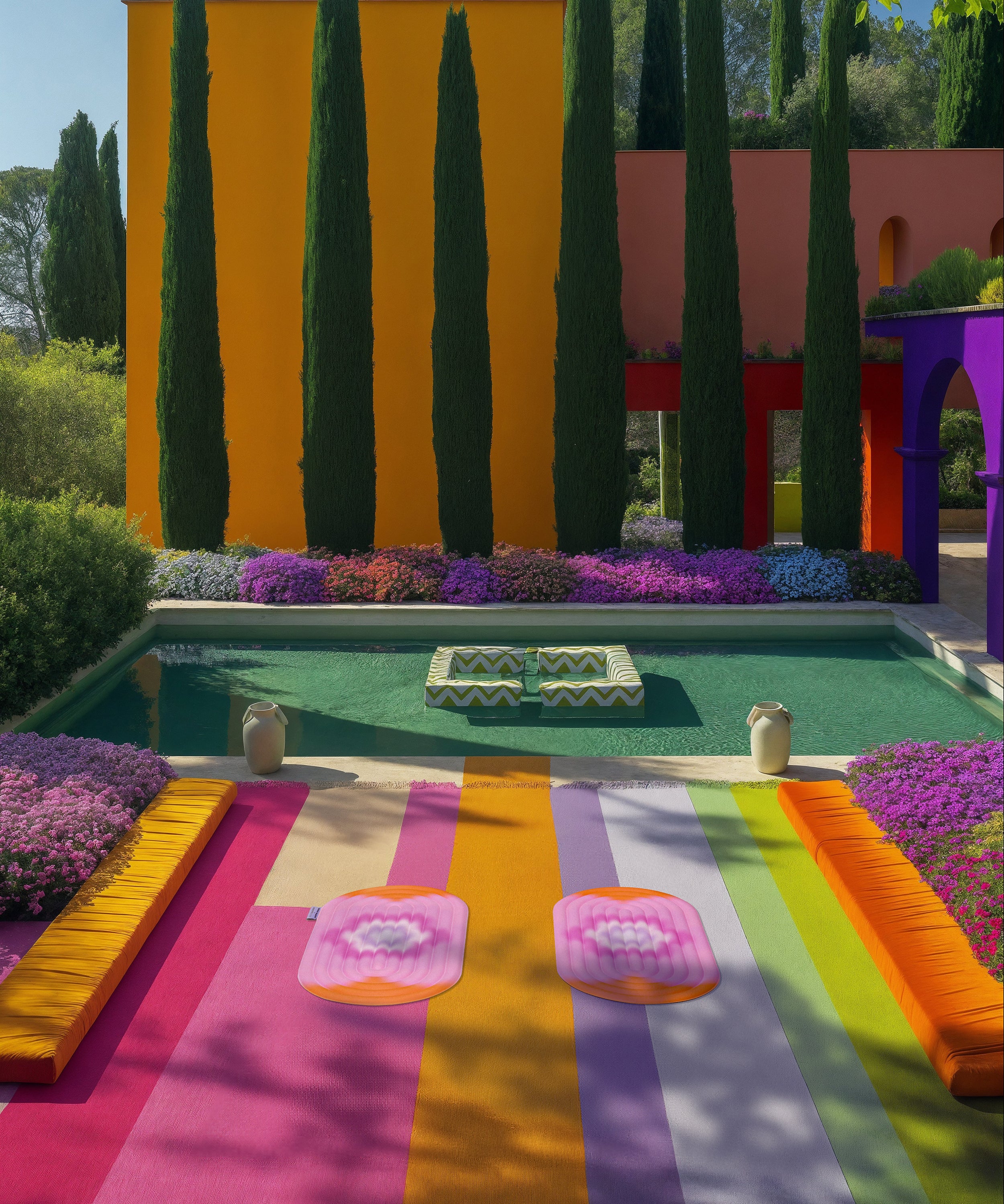 Mini tapis de sol pad de confort de la marque hercule studio et uchronia modèle galé imprimé spring shooting lifestyle dans un décor coloré réalisé par l'intelligence artificielle