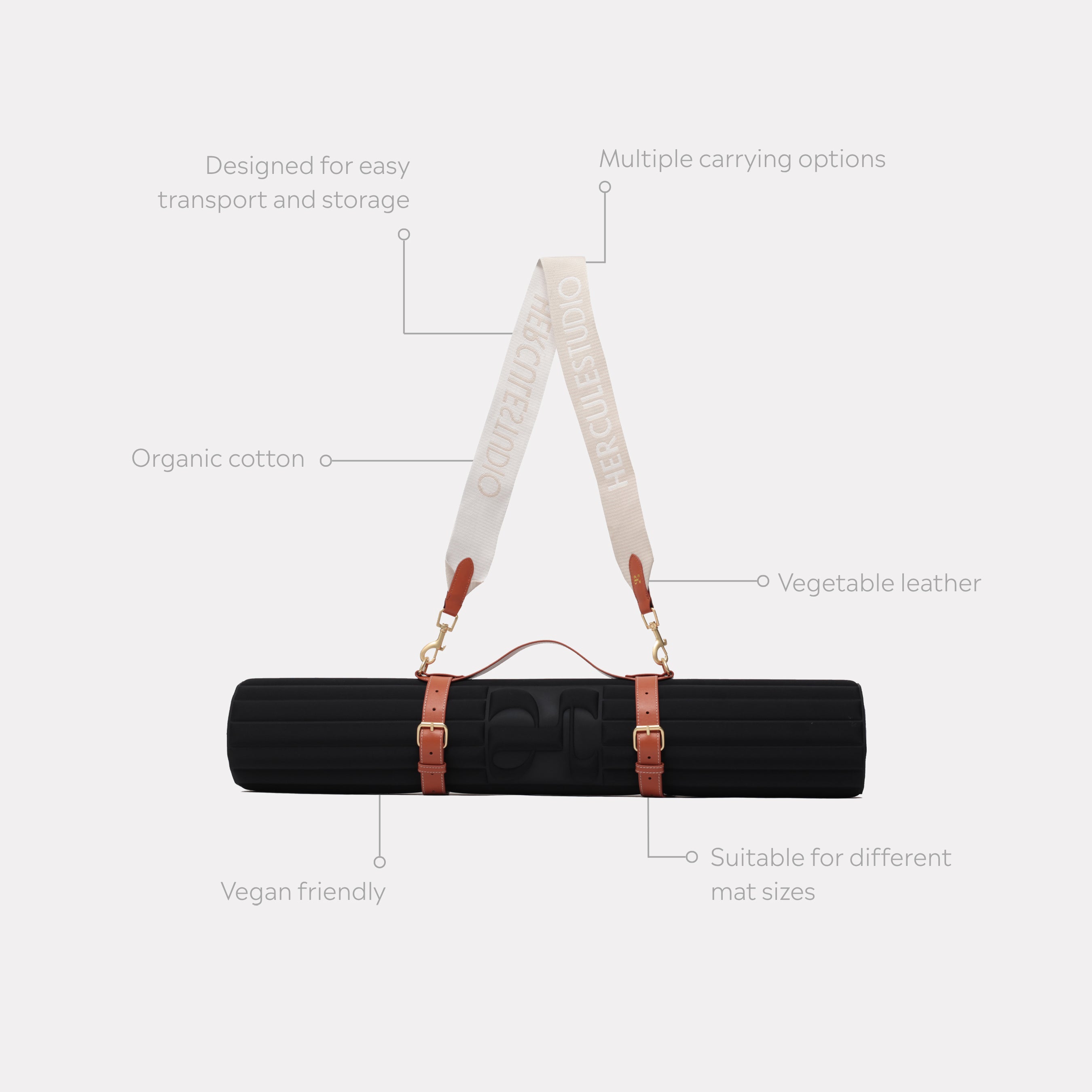 Sangle de transport pour tapis d'exercice modèle soca couleur beige et camel packshot visuel global avec éléments de réassurance