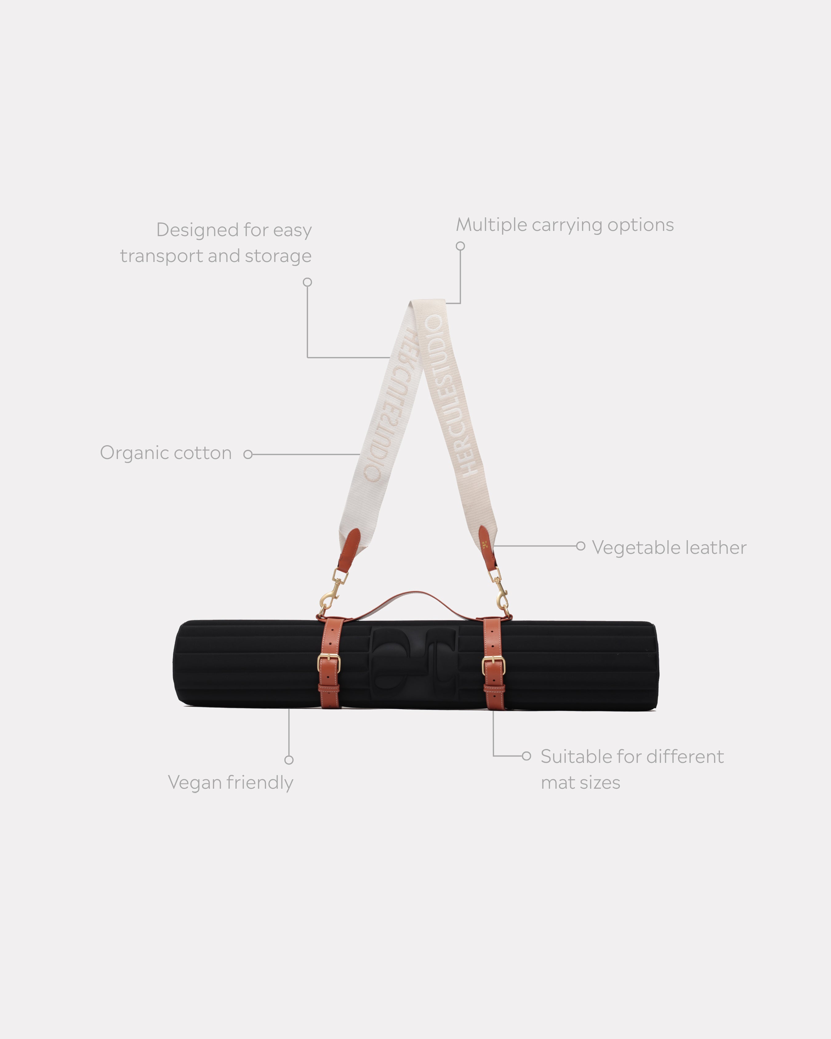 Sangle de transport pour tapis d'exercice modèle soca couleur beige et camel packshot visuel global avec éléments de réassurance