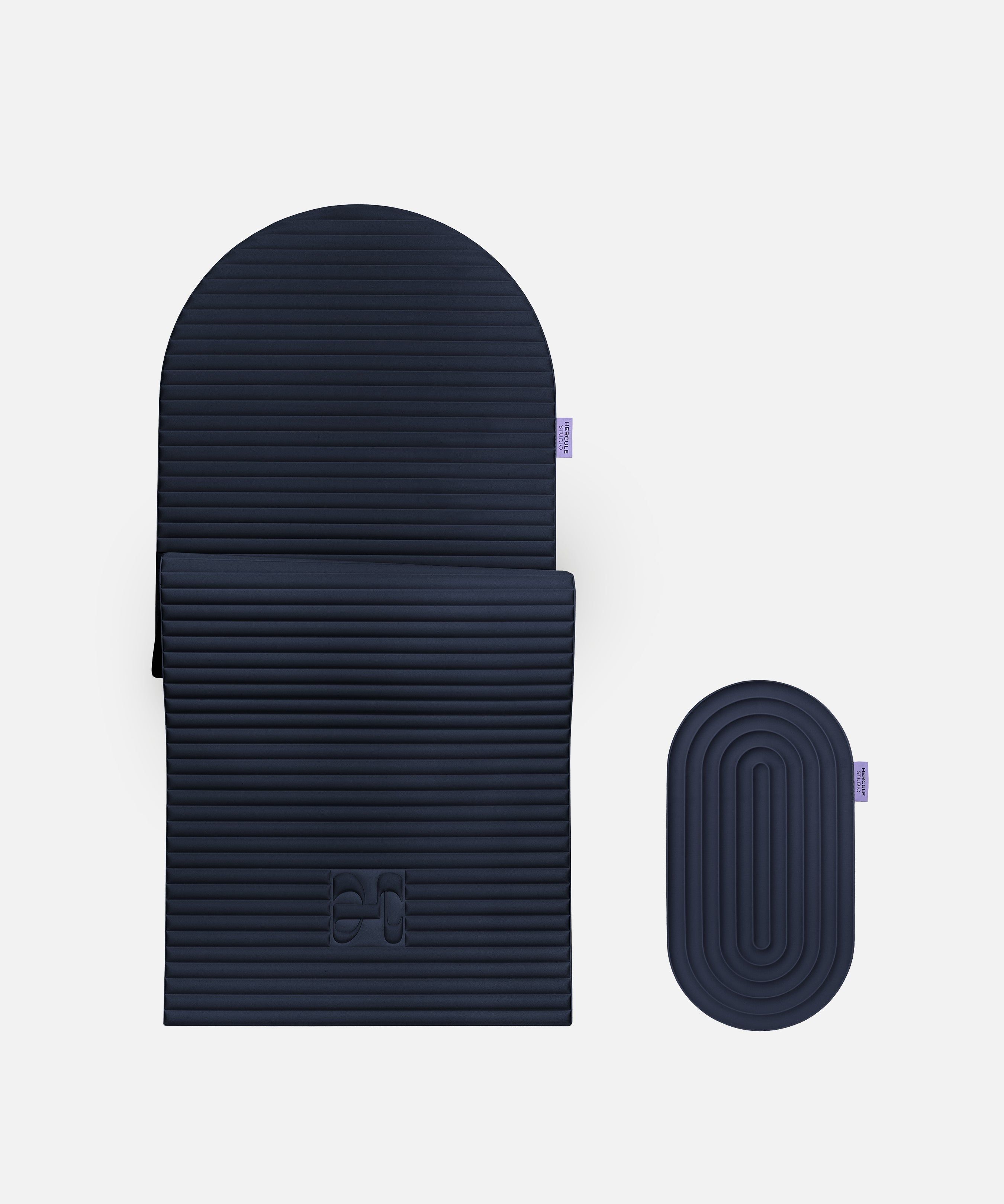 Set confort Hercule Studio bleu nuit navy associant tapis Archy premium et mini tapis Galé nomade 3-en-1, duo ergonomique pour genoux et coudes en pilates et fitness, fabrication française, packshot