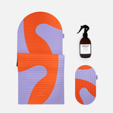 Hercule Studio Axel red orange printed essential bundle with the graphic Archy mat, the Galé 3-in-1 pad and the sport mat cleaning spray, design and responsible Pilates bundle made in France, product packshot