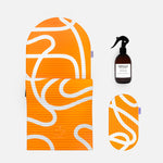 Bundle essentiel Hercule Studio imprimé Bari orange pop avec tapis Archy graphique, pad de confort Galé 3-en-1 et spray assainissant pour tapis de sport, set Pilates design et responsable fabriqué en France, packshot produits