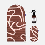 Hercule Studio Bari Choco printed essential bundle with the brown graphic Archy mat, the Galé 3-in-1 comfort pad and the sport mat sanitizing spray, durable made in France Pilates and fitness bundle, packshot