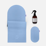 Set Essentiel avec Tapis de sport Archy de la marque Hercule Studio couleur Blue-jean et mini tapis de sport Galé couleur Blue-jean et spray parfumé assainissant énergisant photo packshot fond blanc