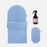 Set Essentiel avec Tapis de sport Archy de la marque Hercule Studio couleur Blue-jean et mini tapis de sport Galé couleur Blue-jean et spray parfumé assainissant énergisant photo packshot fond blanc