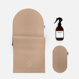 Hercule Studio Dune beige essential wellness bundle including the ergonomic Archy mat, the Galé comfort mini mat and the sport mat sanitizing spray, eco-designed Made in France Pilates and fitness pack, packshot visual