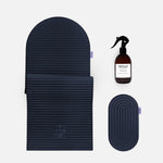 Hercule Studio navy blue essential bundle including the ergonomic Archy mat, the Galé comfort mini mat and the sport mat sanitizing spray, premium Pilates and fitness pack made in France, packshot visual
