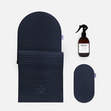 Hercule Studio navy blue essential bundle including the ergonomic Archy mat, the Galé comfort mini mat and the sport mat sanitizing spray, premium Pilates and fitness pack made in France, packshot visual