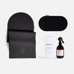 Set essentiel avec tapis de sport Archy, mini tapis de sport Galé couleur Outrenoir et spray parfumé de la marque Hercule Studio photo packshot