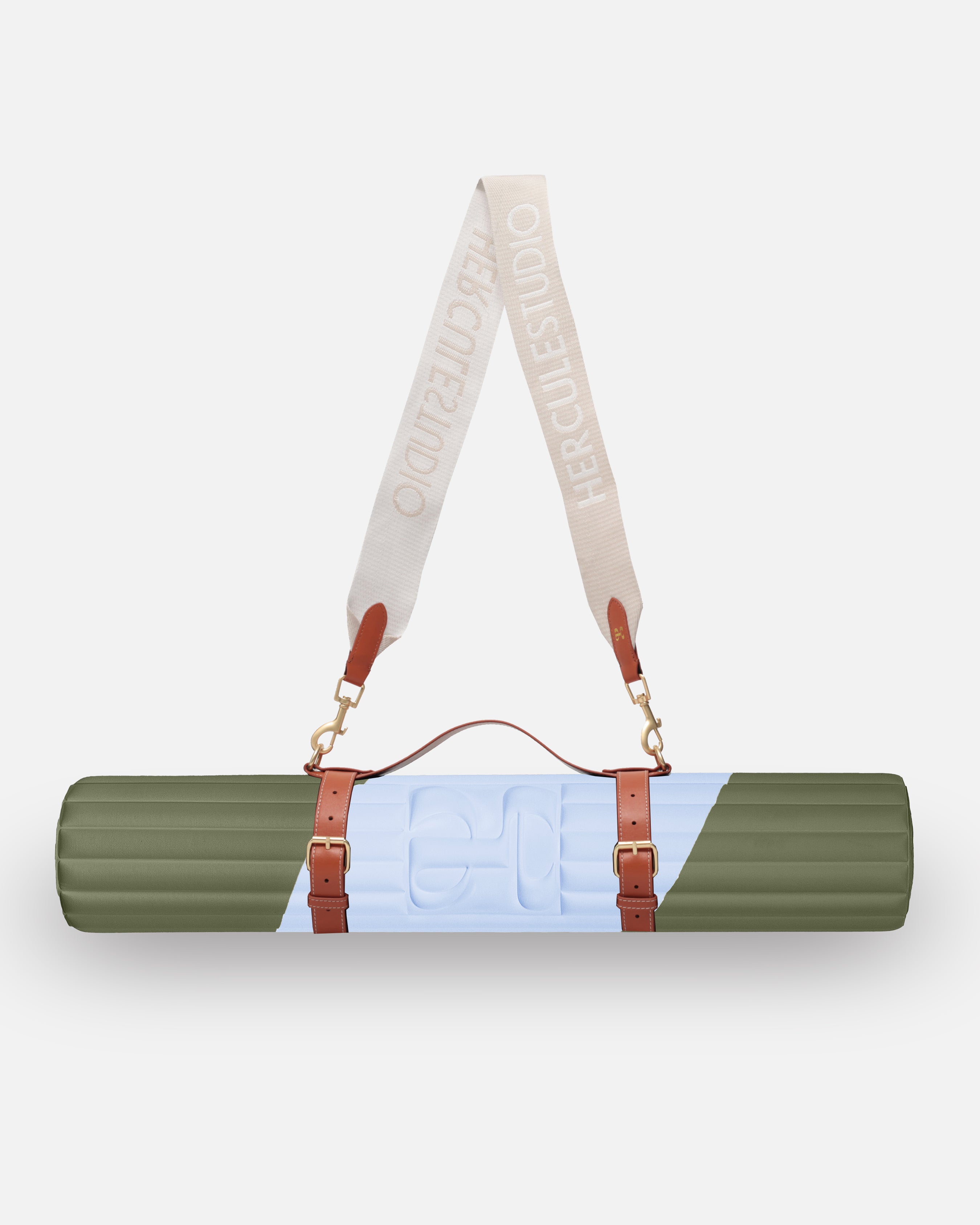 Set nomade Hercule Studio imprimé Axel kaki et bleu réunissant tapis Archy graphique et sangle de transport pour tapis de sport, duo design et fonctionnel pour pilates et fitness en déplacement, packshot