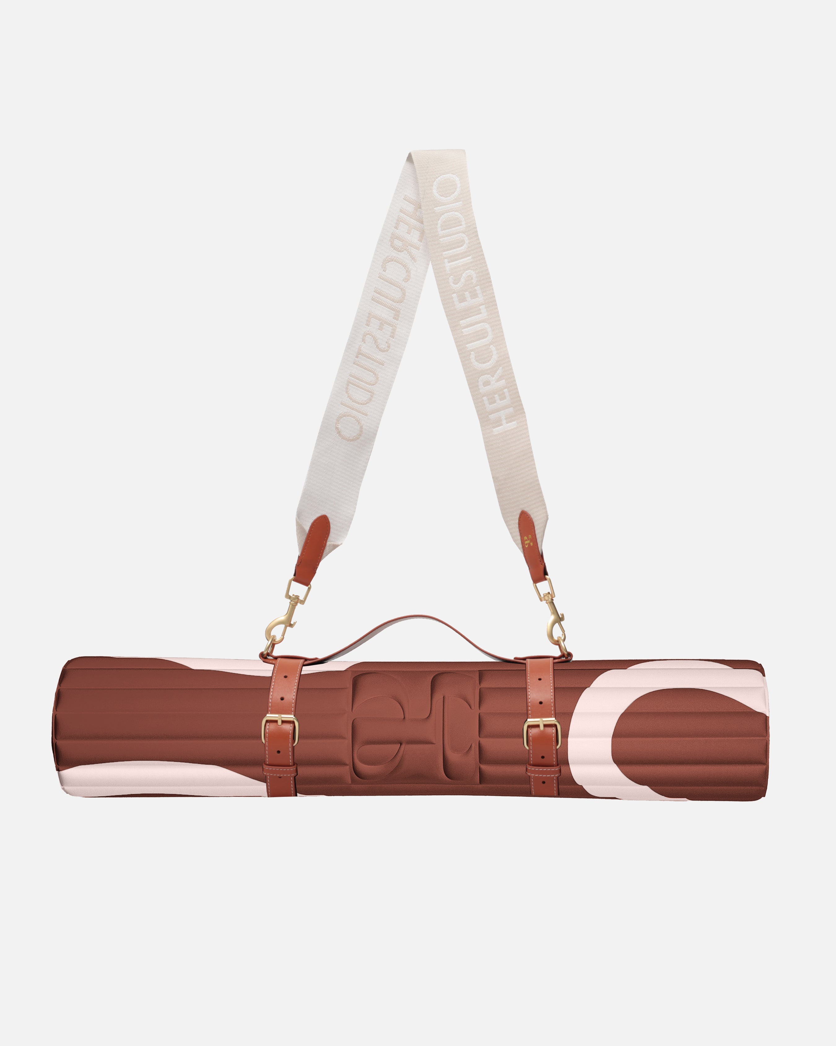 Hercule Studio Bari Choco printed nomad bundle including the brown graphic Archy mat and a mat carrying strap for sport mats, elegant duo for Pilates and fitness on the move, French craftsmanship, packshot