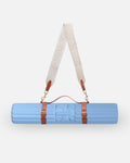 Hercule Studio blue jean nomad bundle with the design Archy sport mat and an elegant mat carrying strap, practical bundle for fitness and Pilates Reformer, responsible Made in France craftsmanship, packshot view