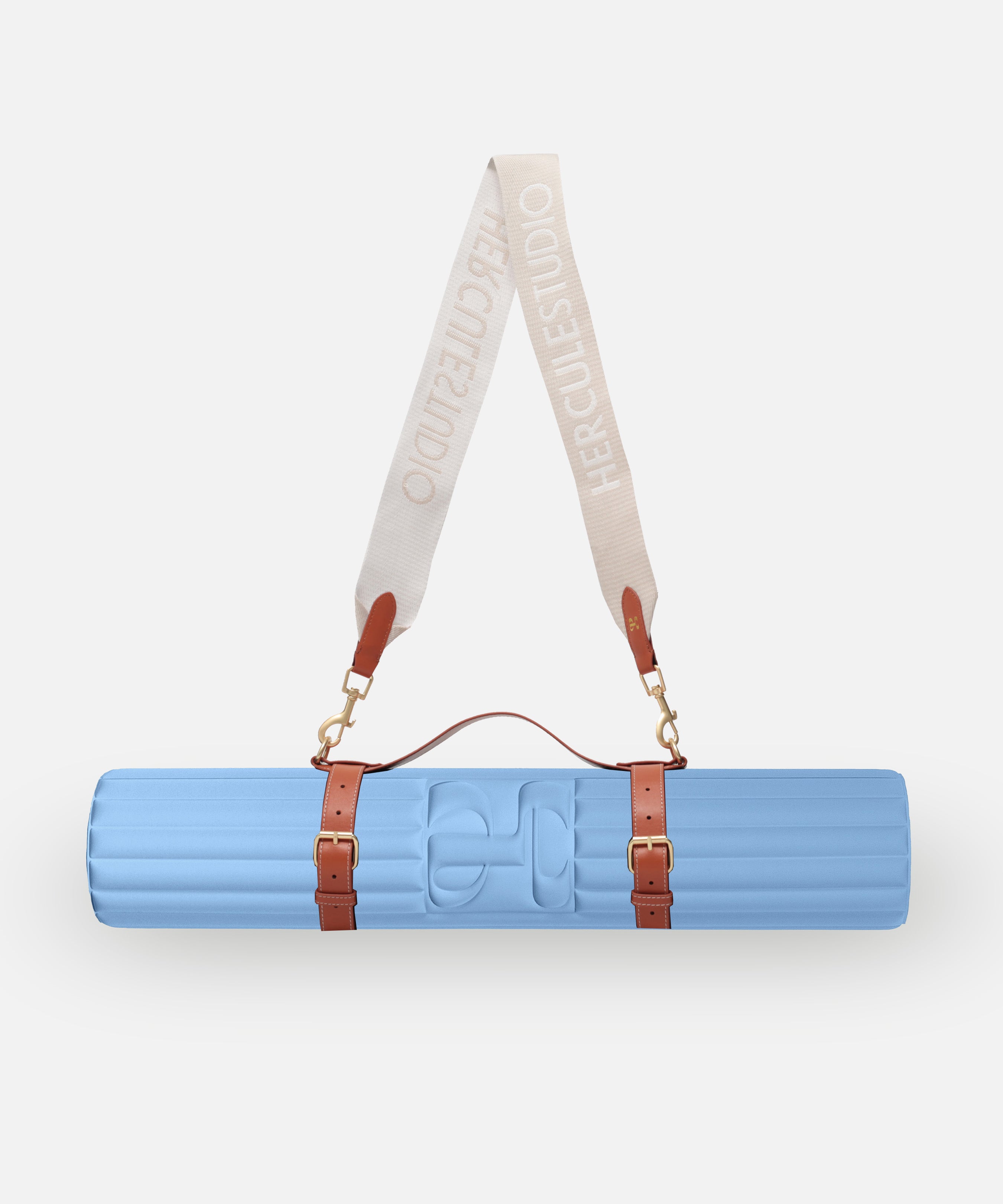 Ensemble nomade Hercule Studio bleu jean avec tapis de sol Archy design et sangle de transport élégante, set pratique pour fitness et Pilates Reformer, conception responsable Made in France, vue packshot