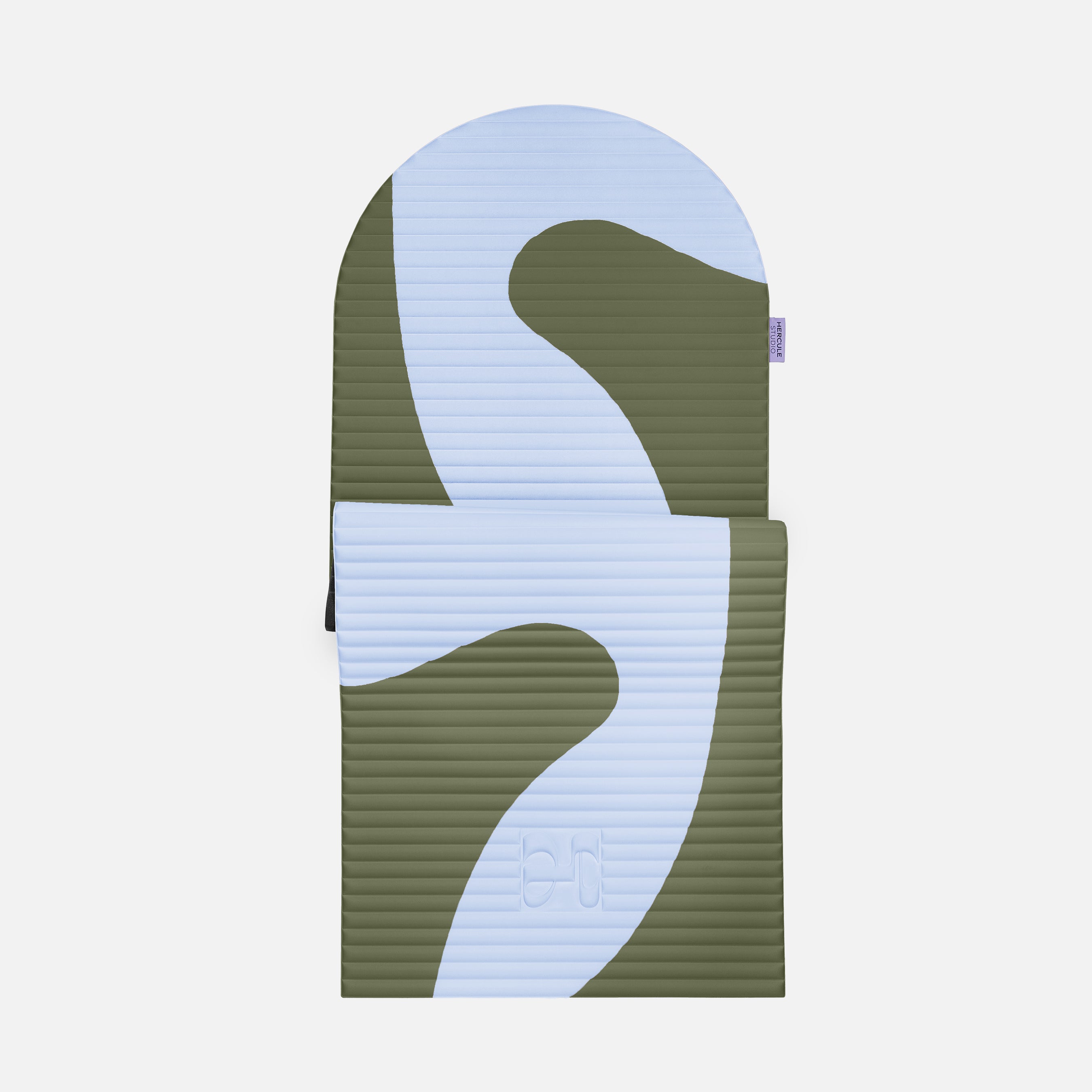 Hercule Studio Archy khaki and blue printed (Axel) arch-shaped sport mat, durable Made in France design mat for fitness, Pilates and stretching, half unrolled view