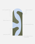 Hercule Studio Archy khaki and blue printed (Axel) unrolled sport mat, premium Made in France design mat for fitness, Pilates and stretching, with annotations highlighting key features and quality points
