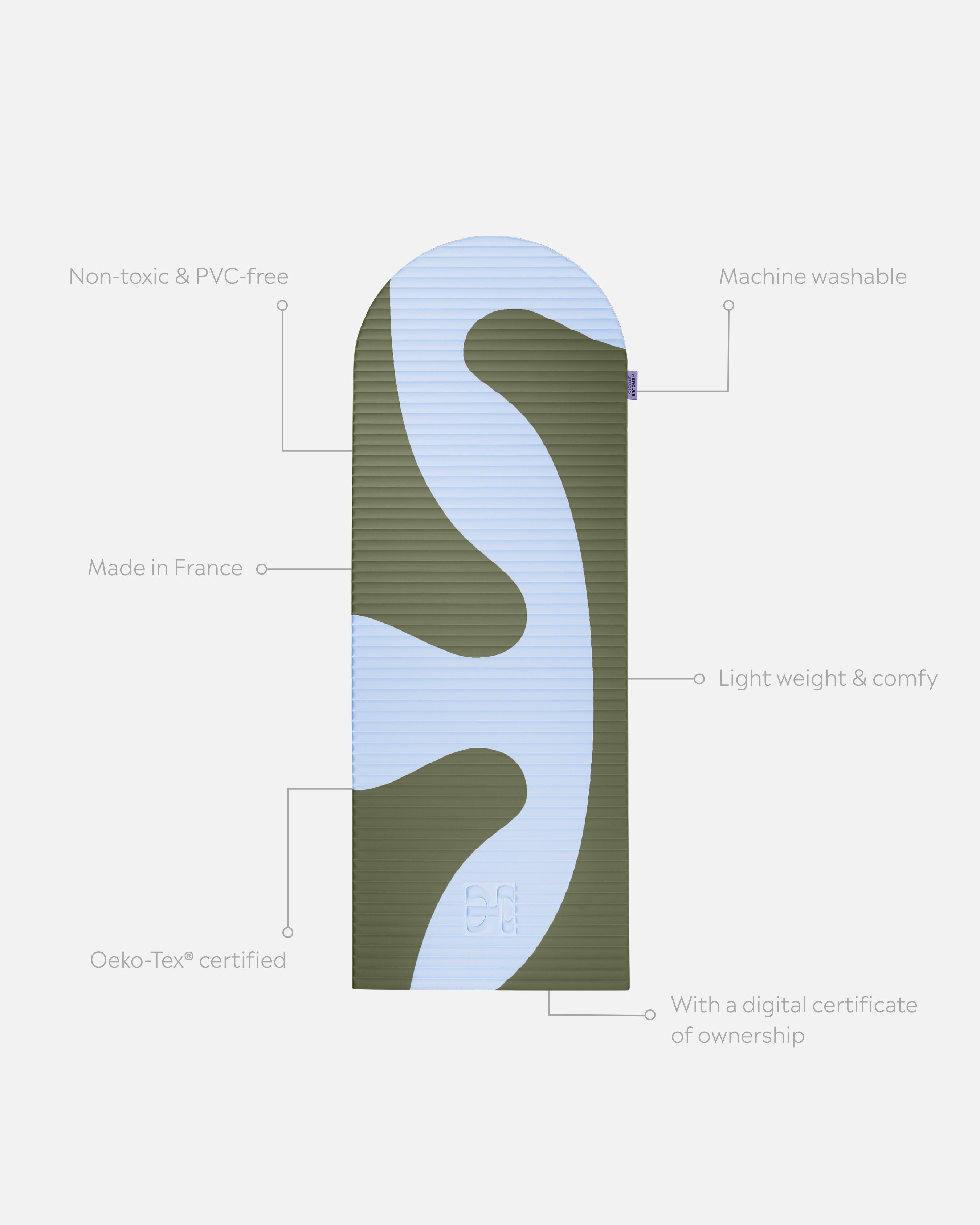 Tapis de sport déplié Hercule Studio Archy imprimé kaki et bleu (Axel), tapis de sol design durable et premium Made in France pour fitness, pilates et étirements, avec annotations montrant les caractéristiques et points de qualité du produit