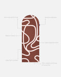 Hercule Studio Archy brown and ecru printed (Bari Choco) unrolled sport mat, premium Made in France design mat for fitness, Pilates and stretching, with annotations highlighting key features and quality points