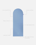 Hercule Studio Archy blue jean unrolled sport mat, premium Made in France design mat for fitness, Pilates and stretching, with annotations highlighting key features and quality points