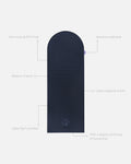 Hercule Studio Archy navy unrolled sport mat, premium Made in France design mat for fitness, Pilates and stretching, with annotations highlighting key features and quality points
