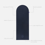Tapis de sport déplié Hercule Studio Archy bleu nuit (navy), tapis de sol design durable et premium Made in France pour fitness, pilates et étirements, avec annotations montrant les caractéristiques et points de qualité du produit