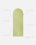 Hercule Studio Archy pistachio green unrolled sport mat, premium Made in France design mat for fitness, Pilates and stretching, with annotations highlighting key features and quality points