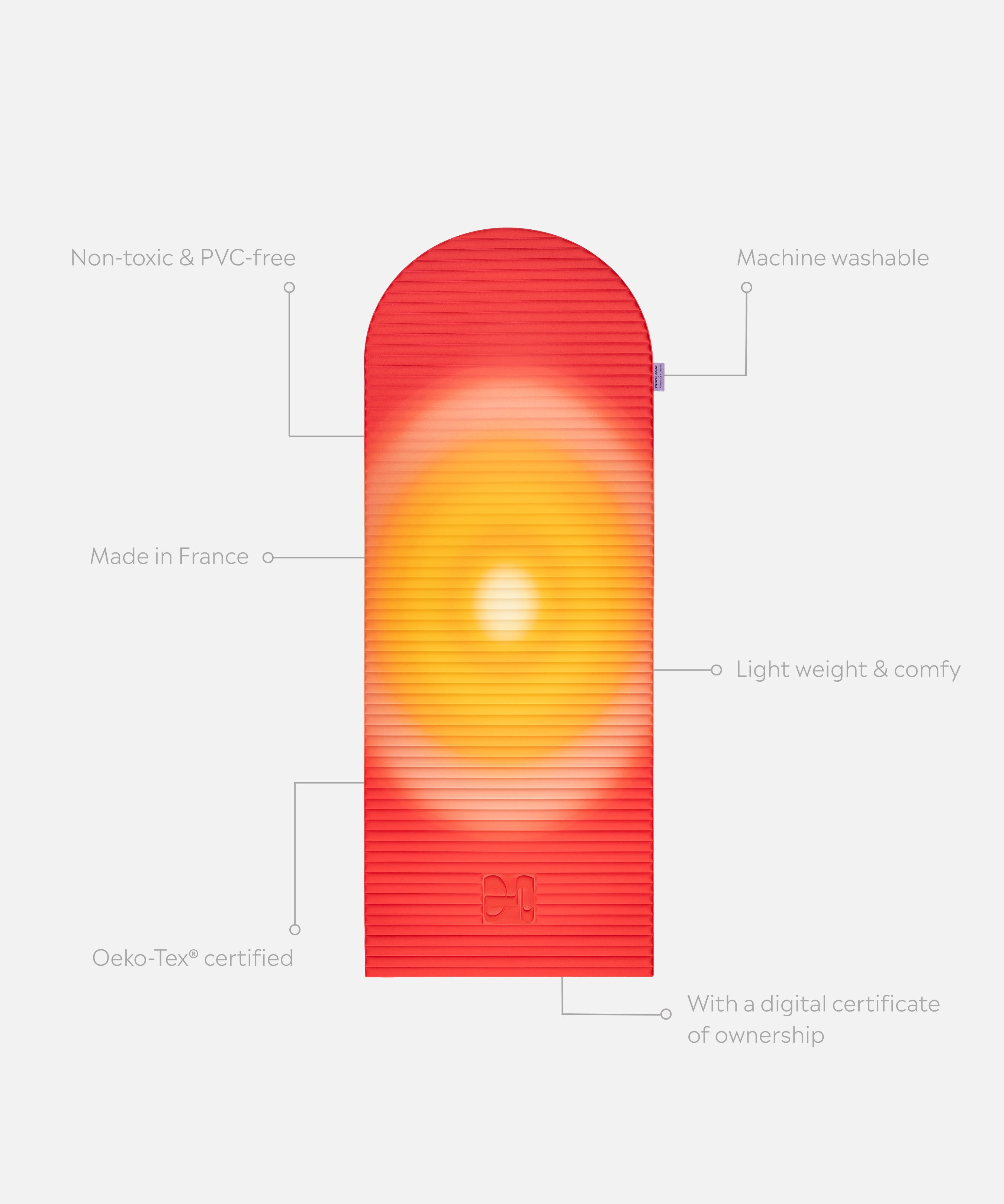 Tapis de sport déplié Hercule Studio x Univers Uchronia Archy imprimé rouge et jaune Summer, tapis de sol design durable et premium Made in France pour fitness, pilates et étirements, avec annotations montrant les caractéristiques et points de qualité du produit