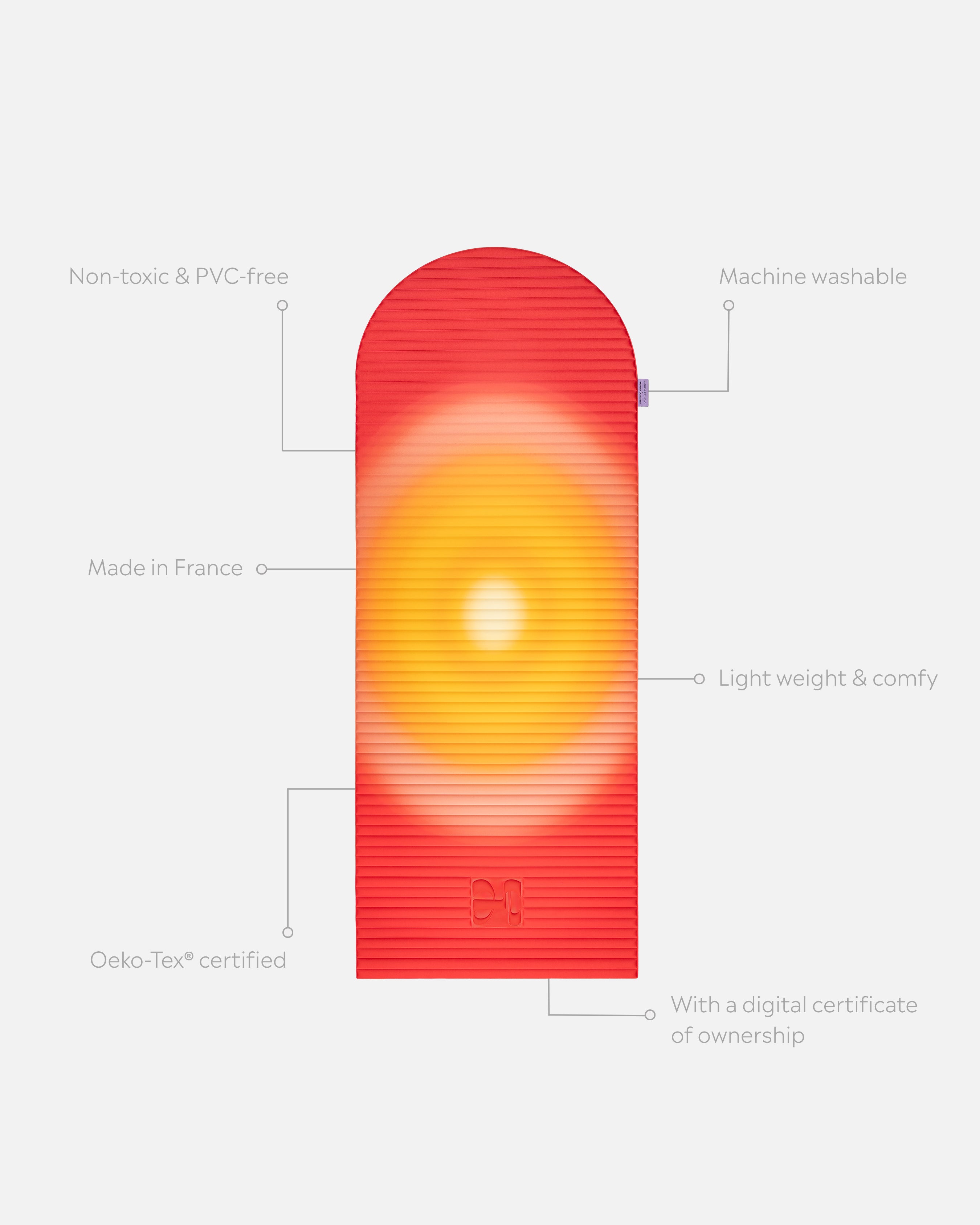 Tapis de sport déplié Hercule Studio x Univers Uchronia Archy imprimé rouge et jaune Summer, tapis de sol design durable et premium Made in France pour fitness, pilates et étirements, avec annotations montrant les caractéristiques et points de qualité du produit