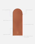 Hercule Studio Archy terracotta unrolled sport mat, premium Made in France design mat for fitness, Pilates and stretching, with annotations highlighting key features and quality points