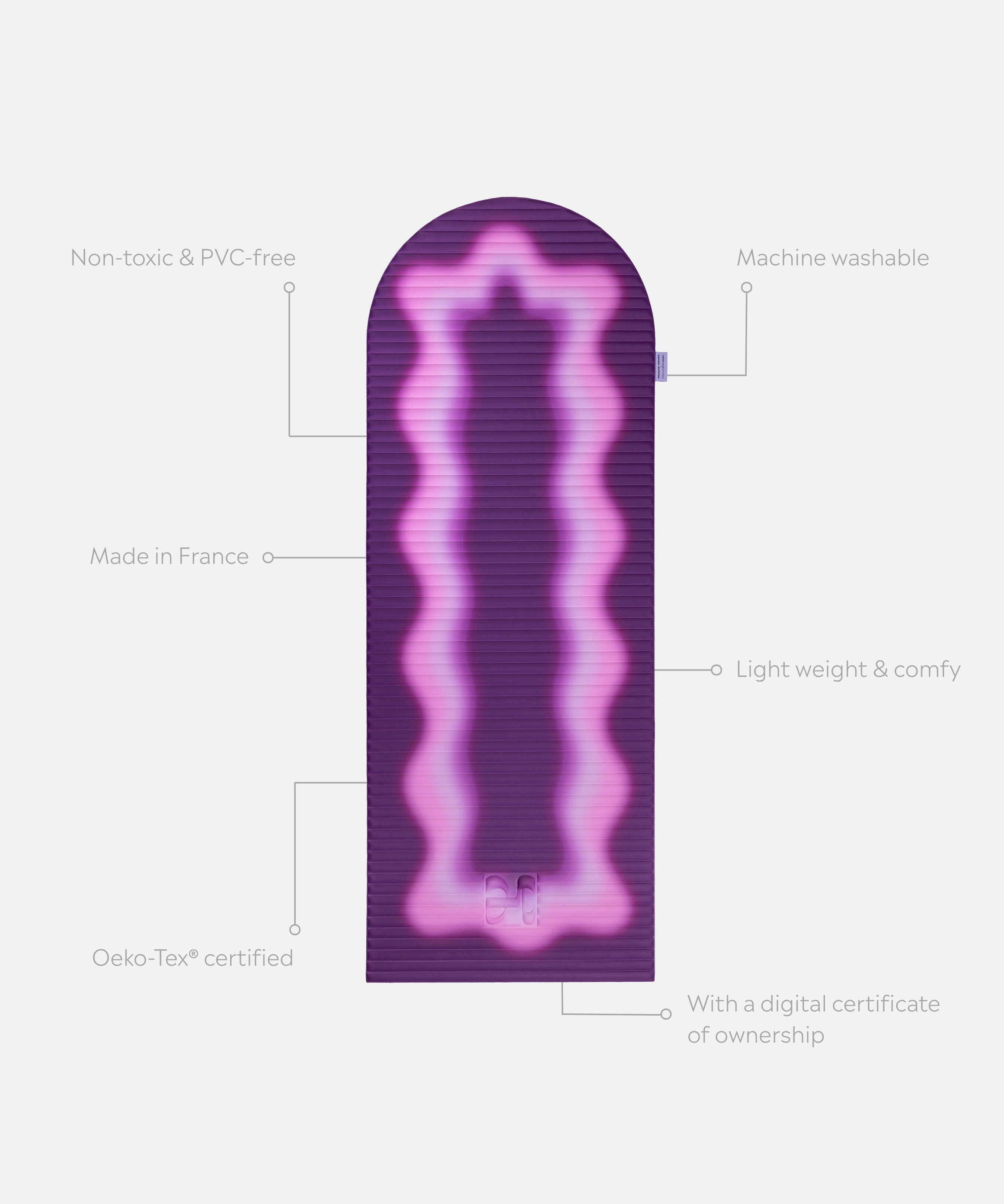 Tapis de sport déplié Hercule Studio x Univers Uchronia Archy imprimé violet Winter, tapis de sol design durable et premium Made in France pour fitness, pilates et étirements, avec annotations montrant les caractéristiques et points de qualité du produit