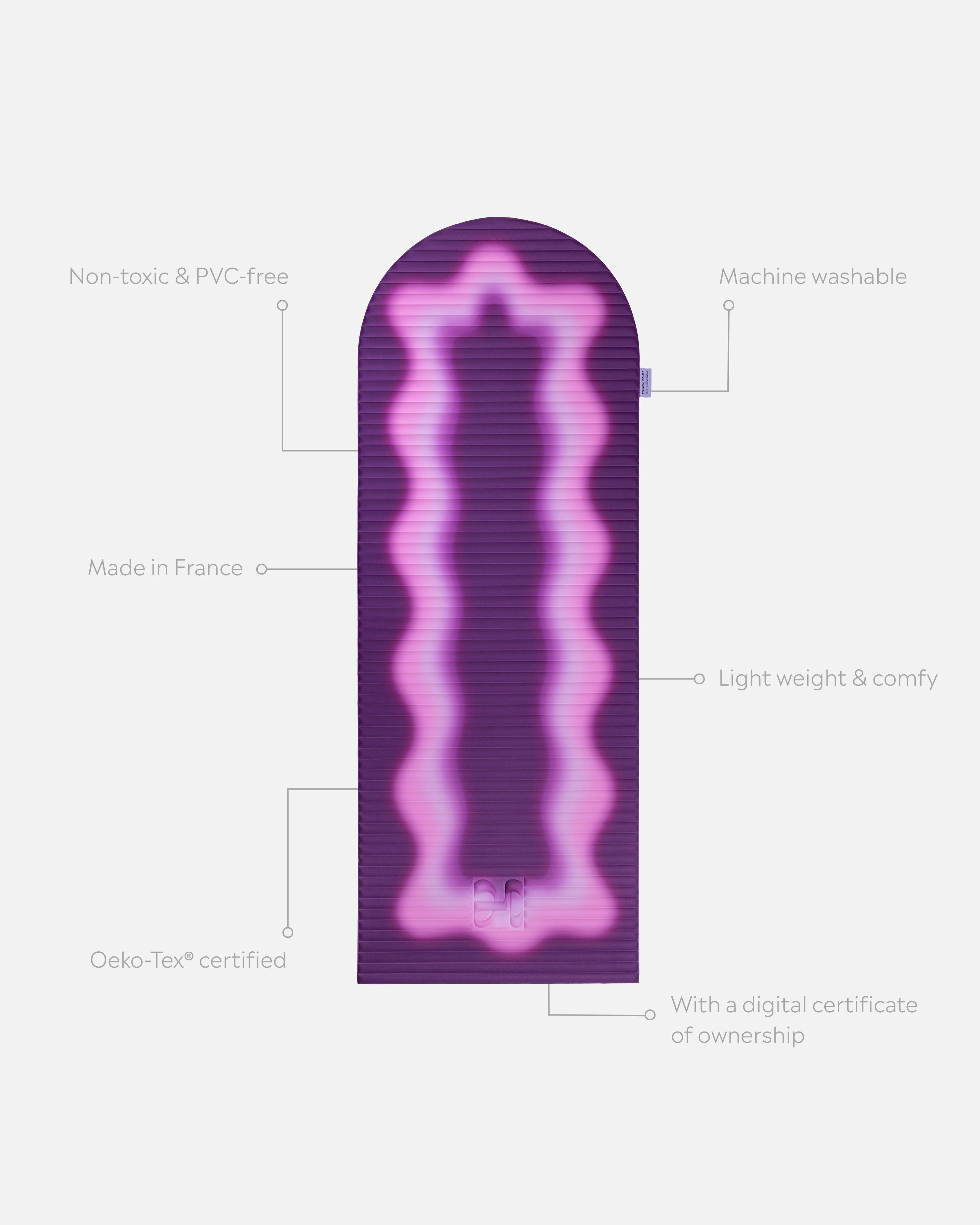 Tapis de sport déplié Hercule Studio x Univers Uchronia Archy imprimé violet Winter, tapis de sol design durable et premium Made in France pour fitness, pilates et étirements, avec annotations montrant les caractéristiques et points de qualité du produit