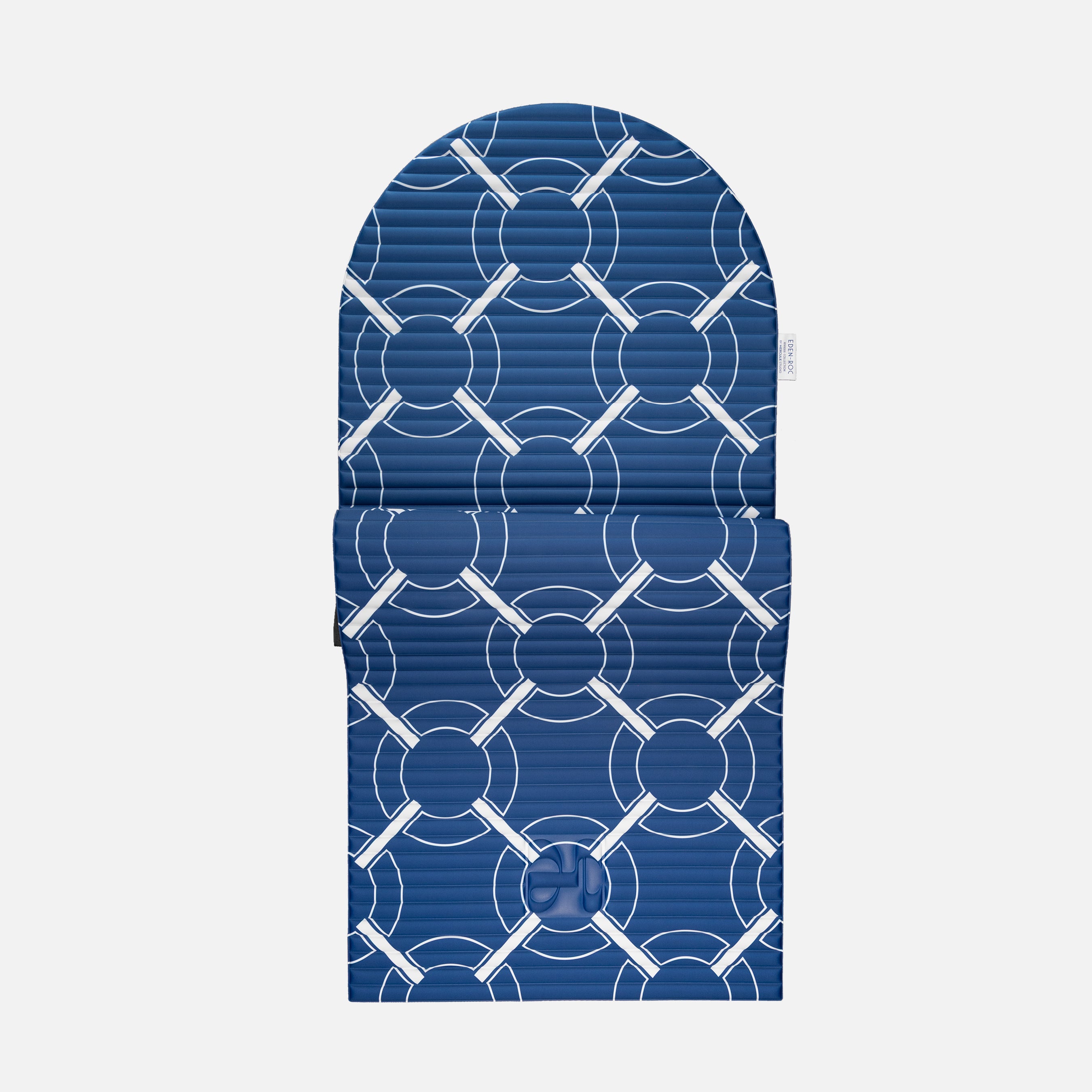 Hercule Studio Archy blue Eden roc monogram arch-shaped sport mat in limited edition, durable premium Made in France design mat for fitness, Pilates and stretching, half unrolled view