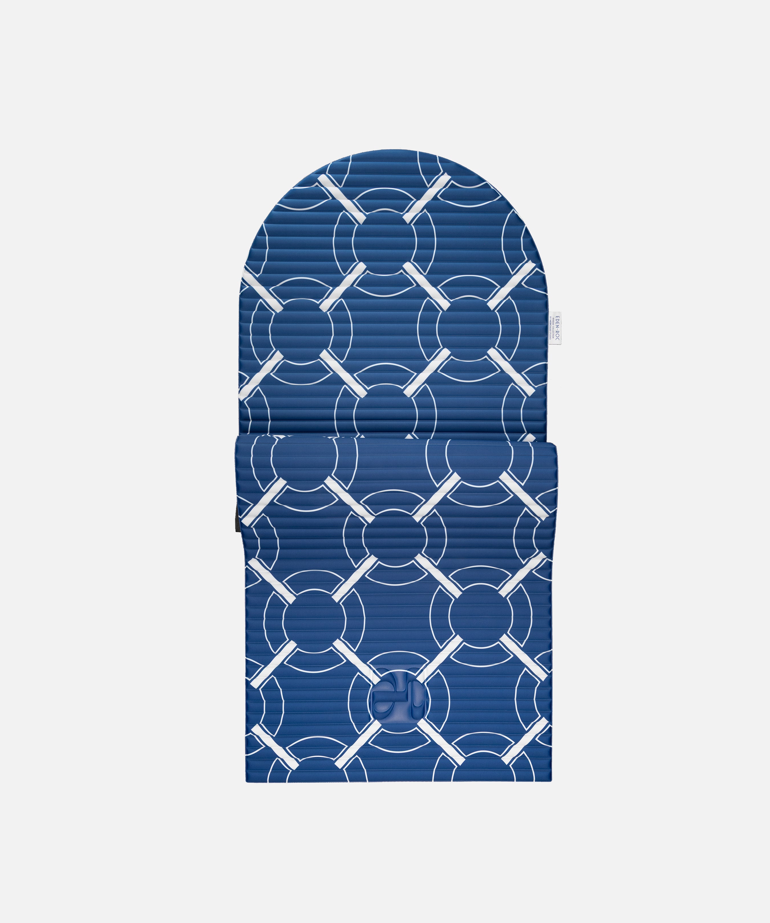 Hercule Studio Archy blue Eden roc monogram arch-shaped sport mat in limited edition, durable premium Made in France design mat for fitness, Pilates and stretching, half unrolled view