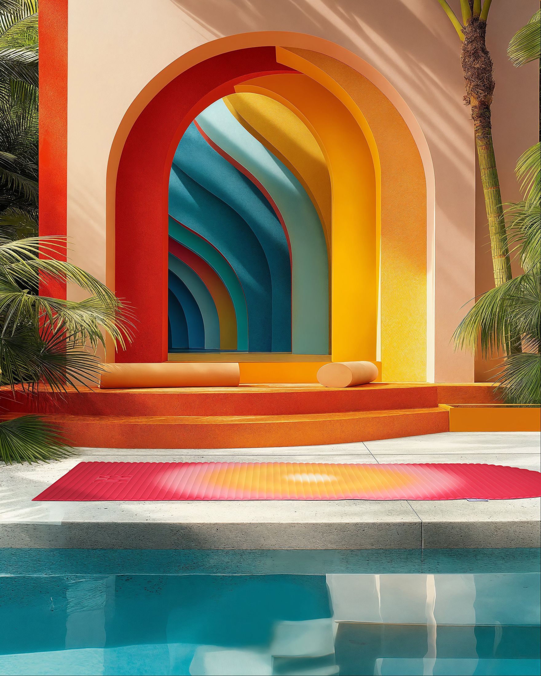 Hercule Studio x Univers Uchronia Archy Summer sport mat in lifestyle, red and yellow print for Pilates session, limited edition