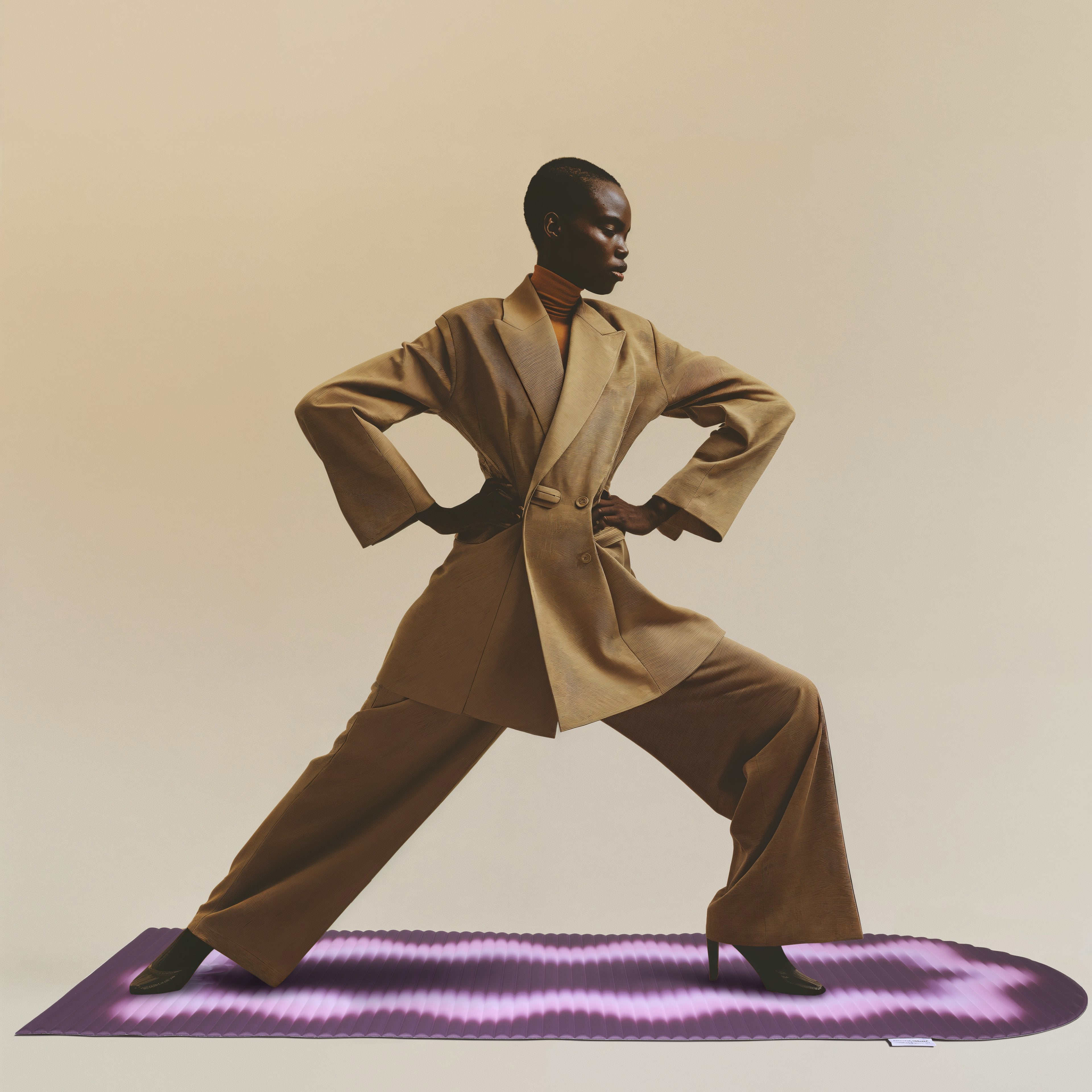 tapis de sport modèle Winter de la marque Hercule Studio en collaboration avec Uchronia avec mannequin en tenue élégante