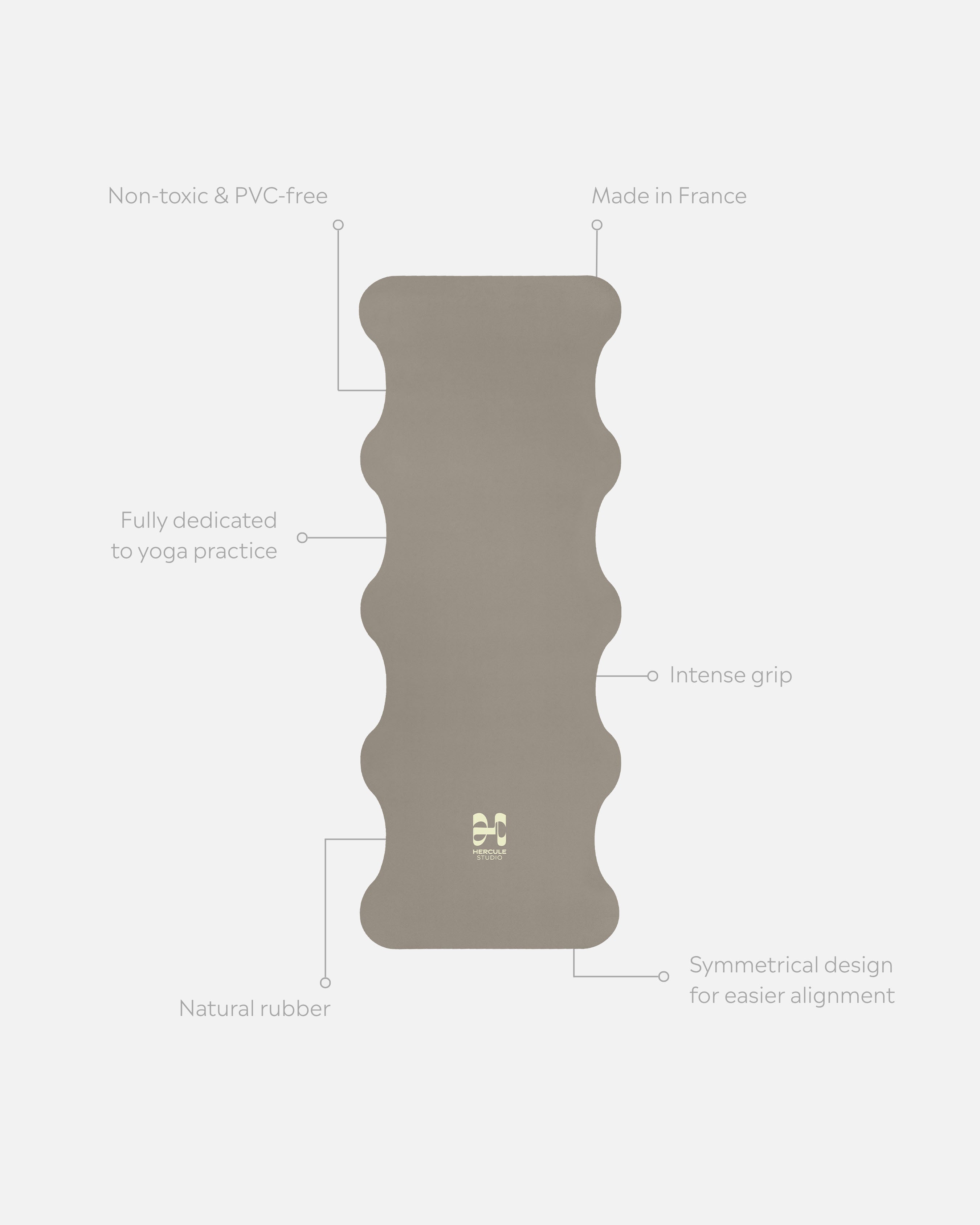 Mar Greige yoga mat unrolled with product annotations, PVC-free, high grip and optimal comfort for regular yoga practice