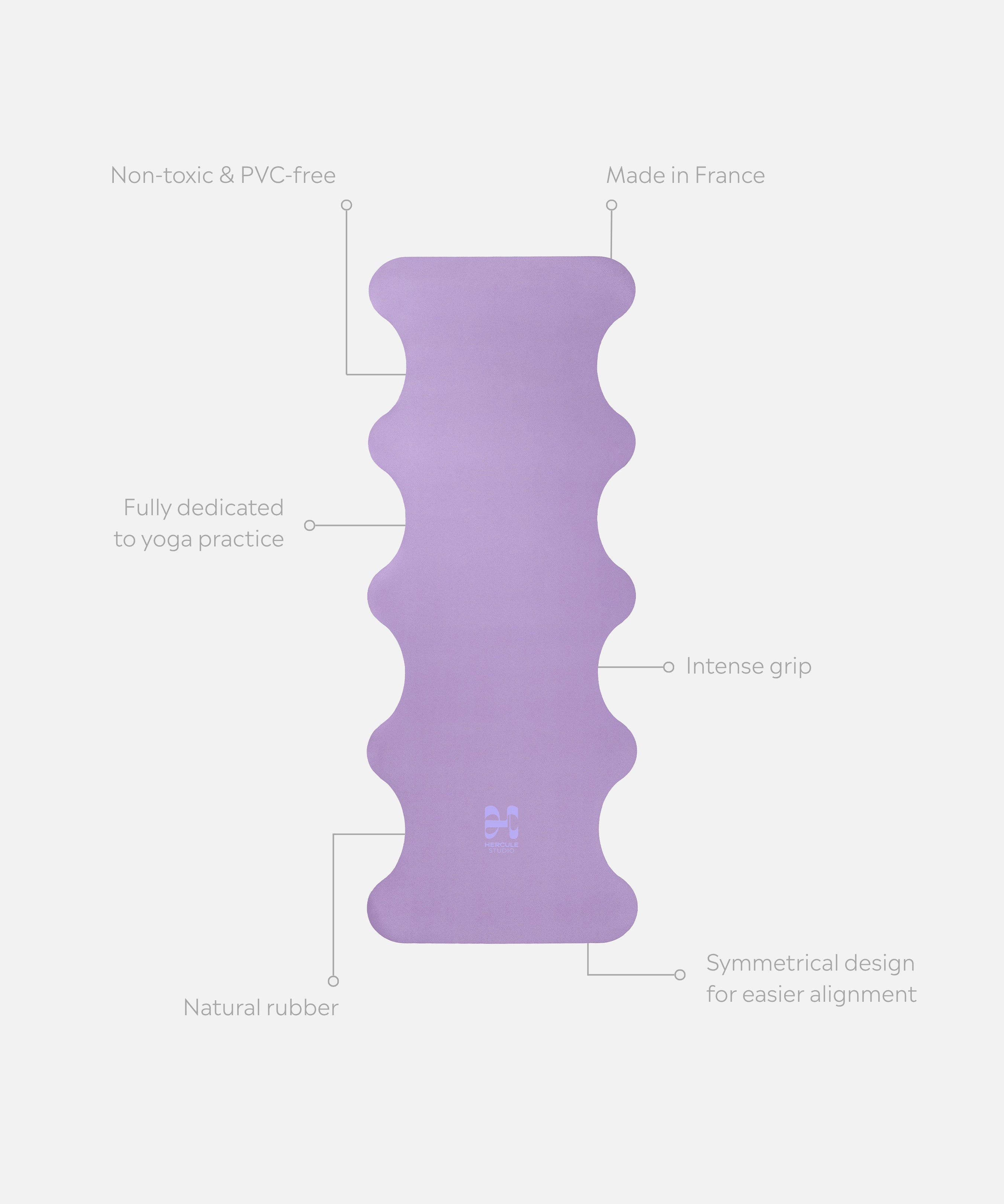 Tapis de yoga Mar lavande Hercule Studio déplié avec repères visuels, caoutchouc naturel sans PVC, grip intense et design wavy durable