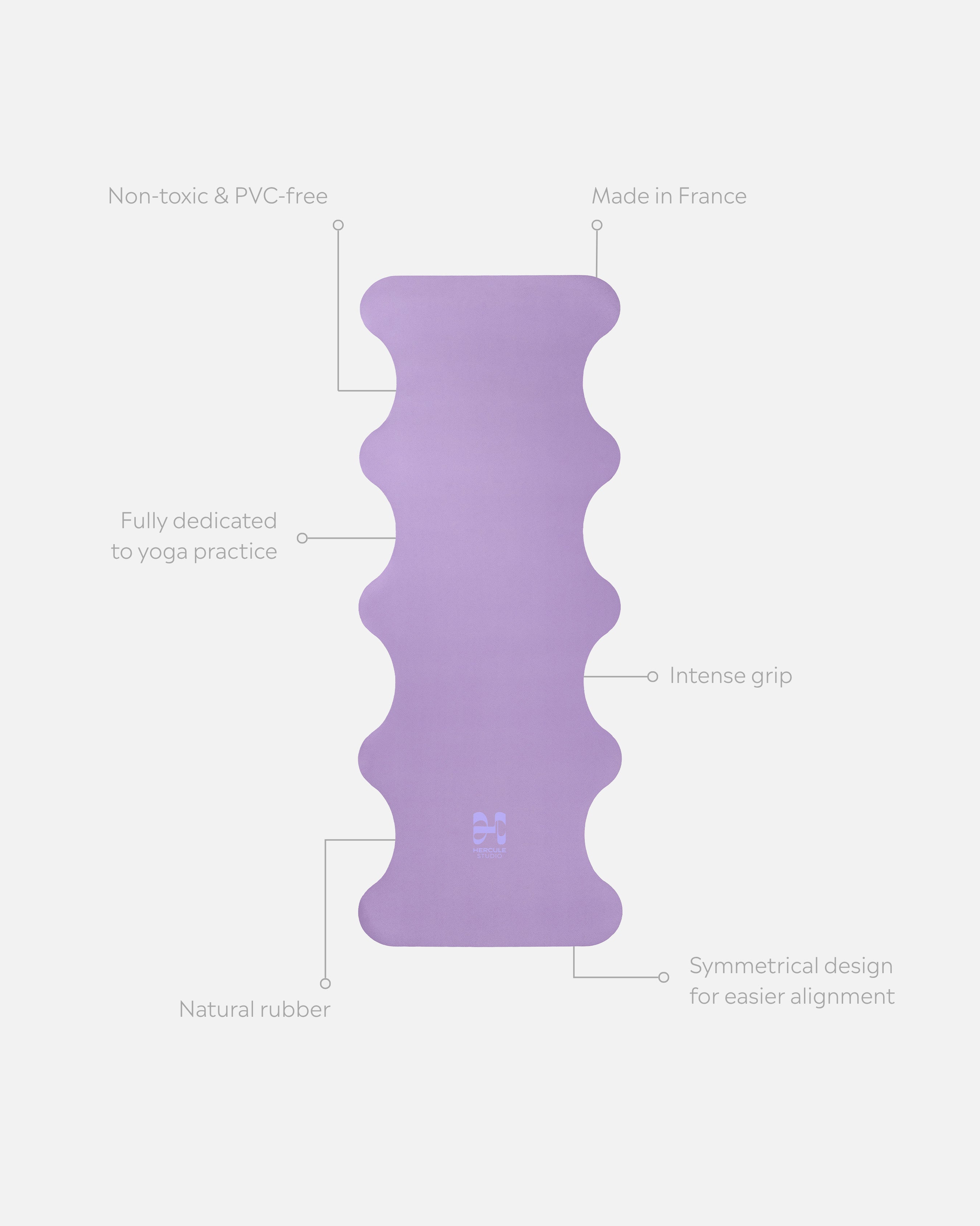 Tapis de sol pour le yoga de la marque hercule studio modèle mar couleur lavande packshot déplié avec éléments de réassurance