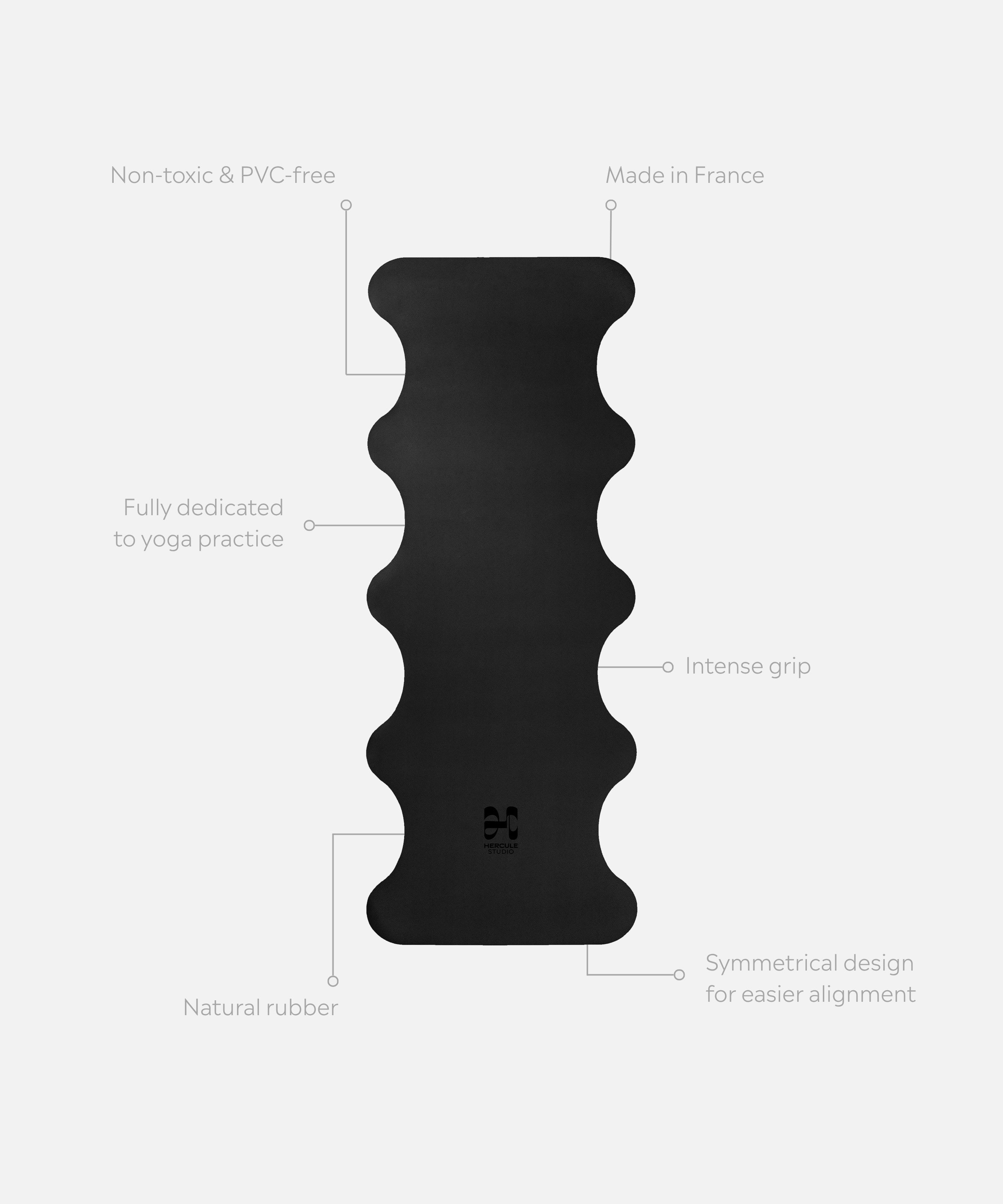 Tapis de yoga Mar noir Outrenoir déplié avec éléments de réassurance, caoutchouc naturel antidérapant, performance yoga intensive