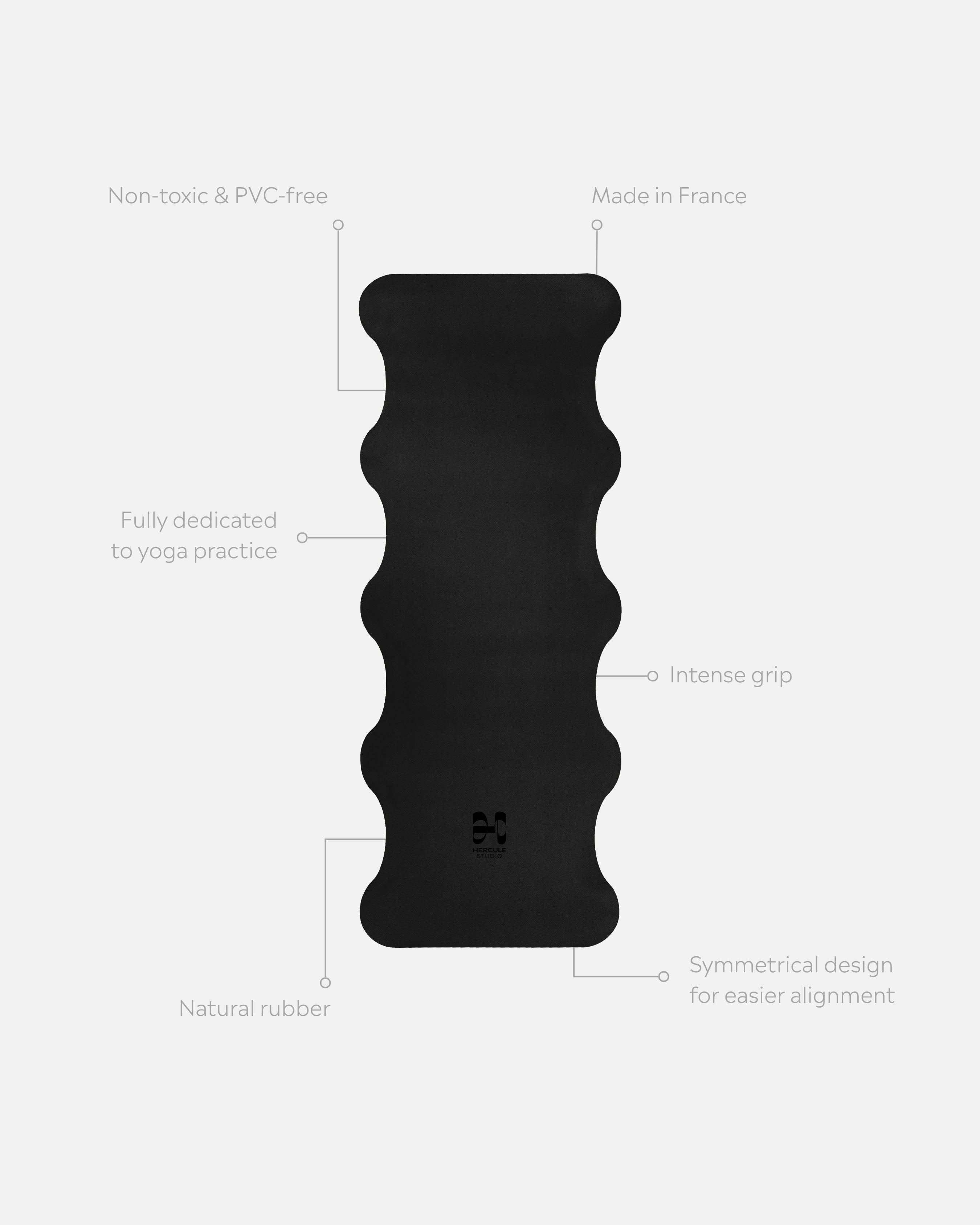 Mar Midnight Black yoga mat unrolled with trust elements, non-slip natural rubber, intensive yoga performance