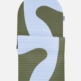 Hercule Studio Archy khaki and blue printed (Axel) arch-shaped sport mat, durable Made in France design mat for fitness, Pilates and stretching, half unrolled view