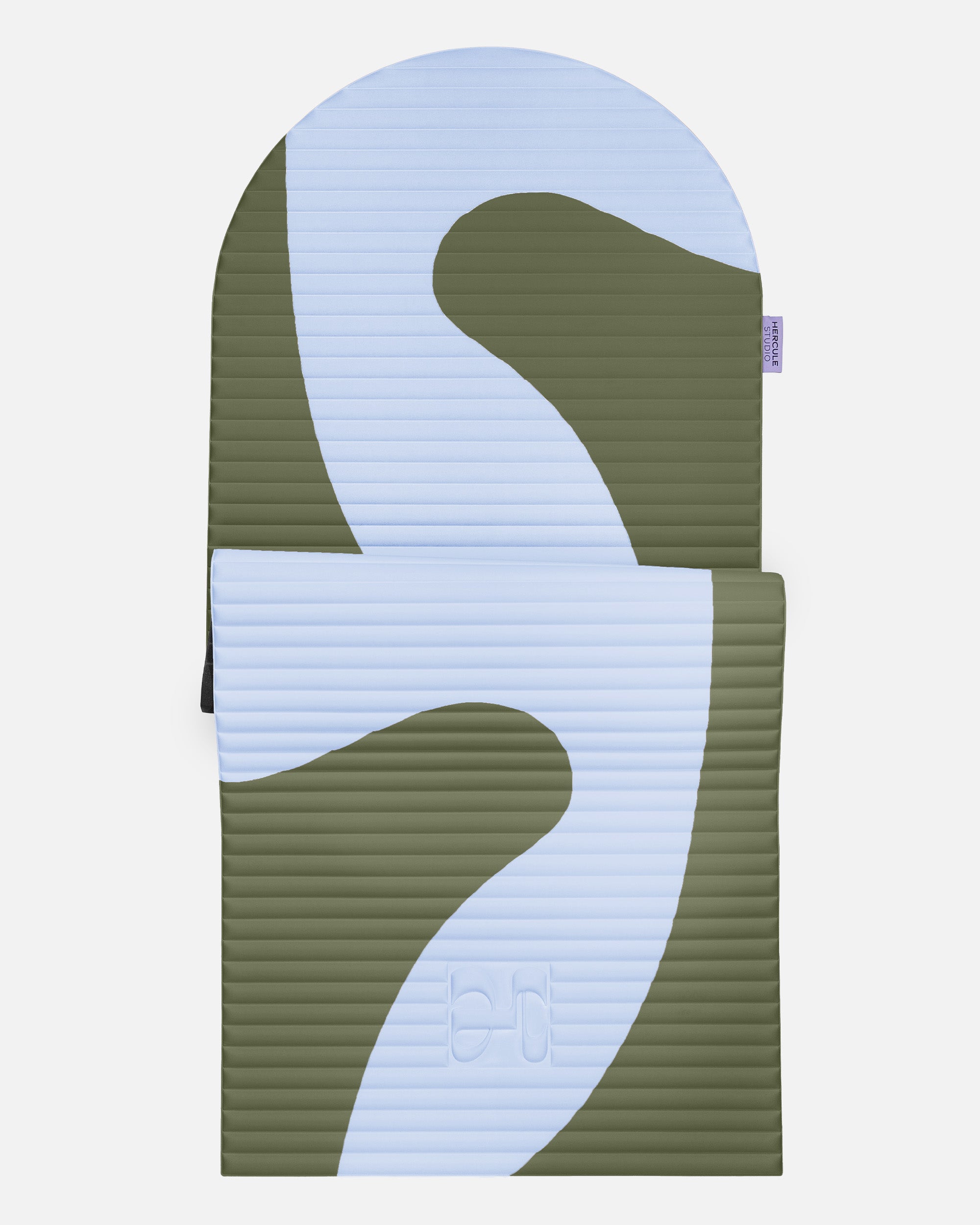 Hercule Studio Archy khaki and blue printed (Axel) arch-shaped sport mat, durable Made in France design mat for fitness, Pilates and stretching, half unrolled view