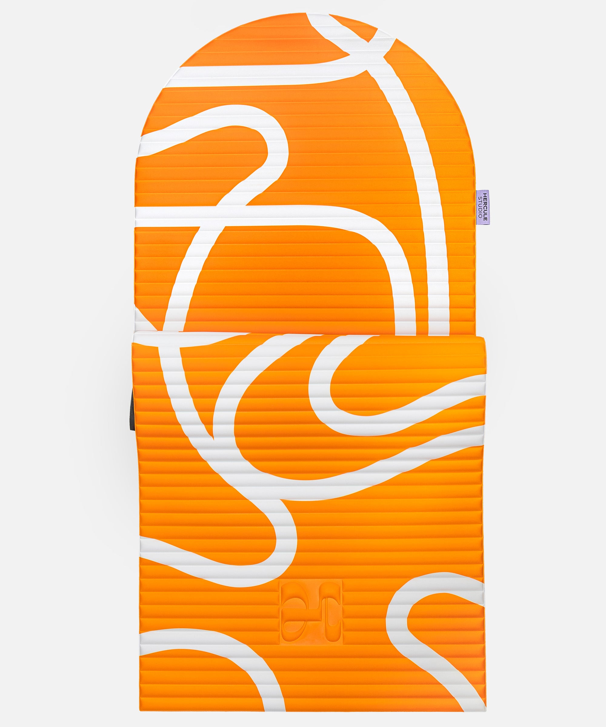 Hercule Studio Archy orange and ecru printed (Bari Orange Pop) arch-shaped sport mat, durable Made in France design mat for fitness, Pilates and stretching, half unrolled view