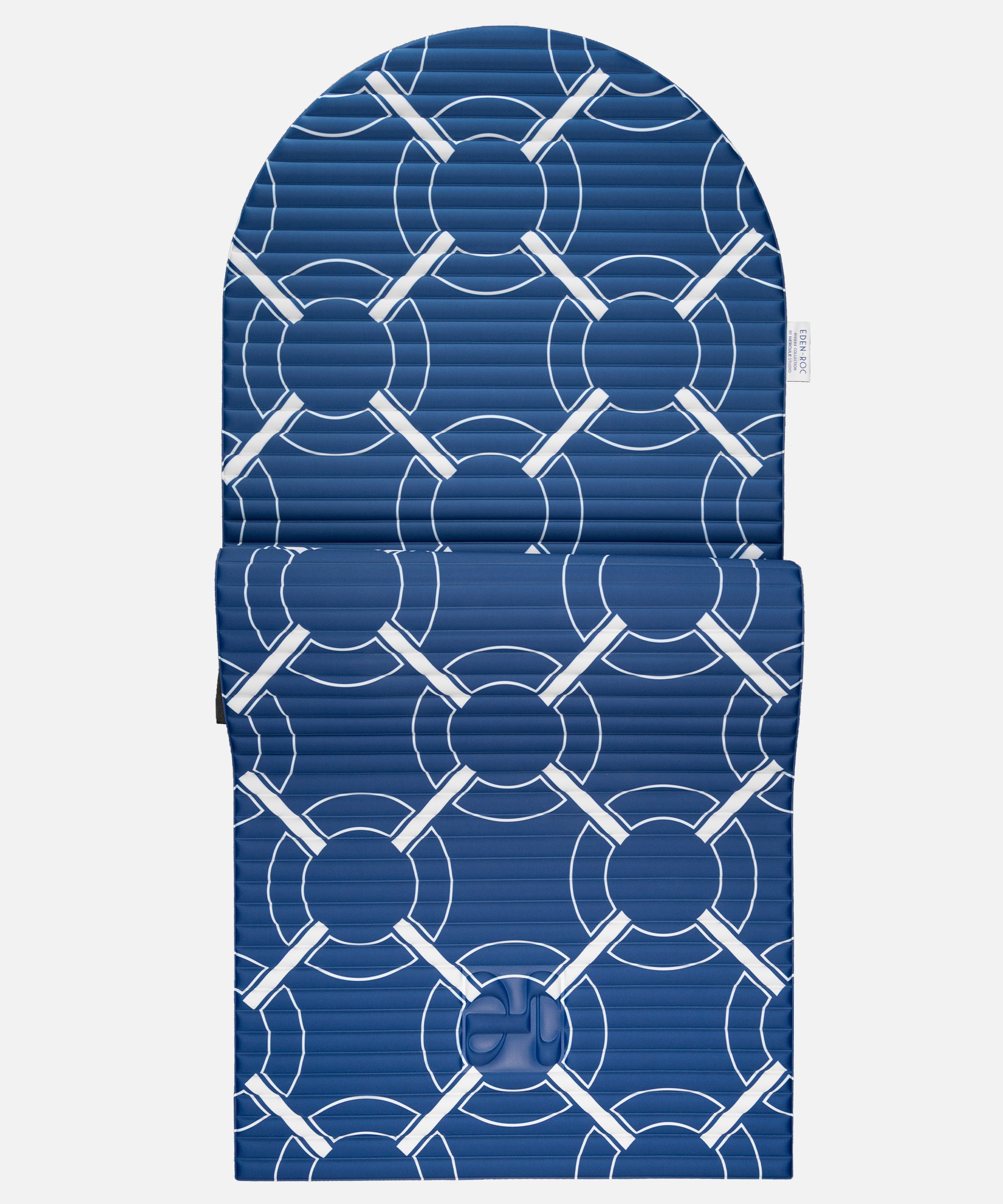 Hercule Studio Archy blue Eden roc monogram arch-shaped sport mat in limited edition, durable premium Made in France design mat for fitness, Pilates and stretching, half unrolled view