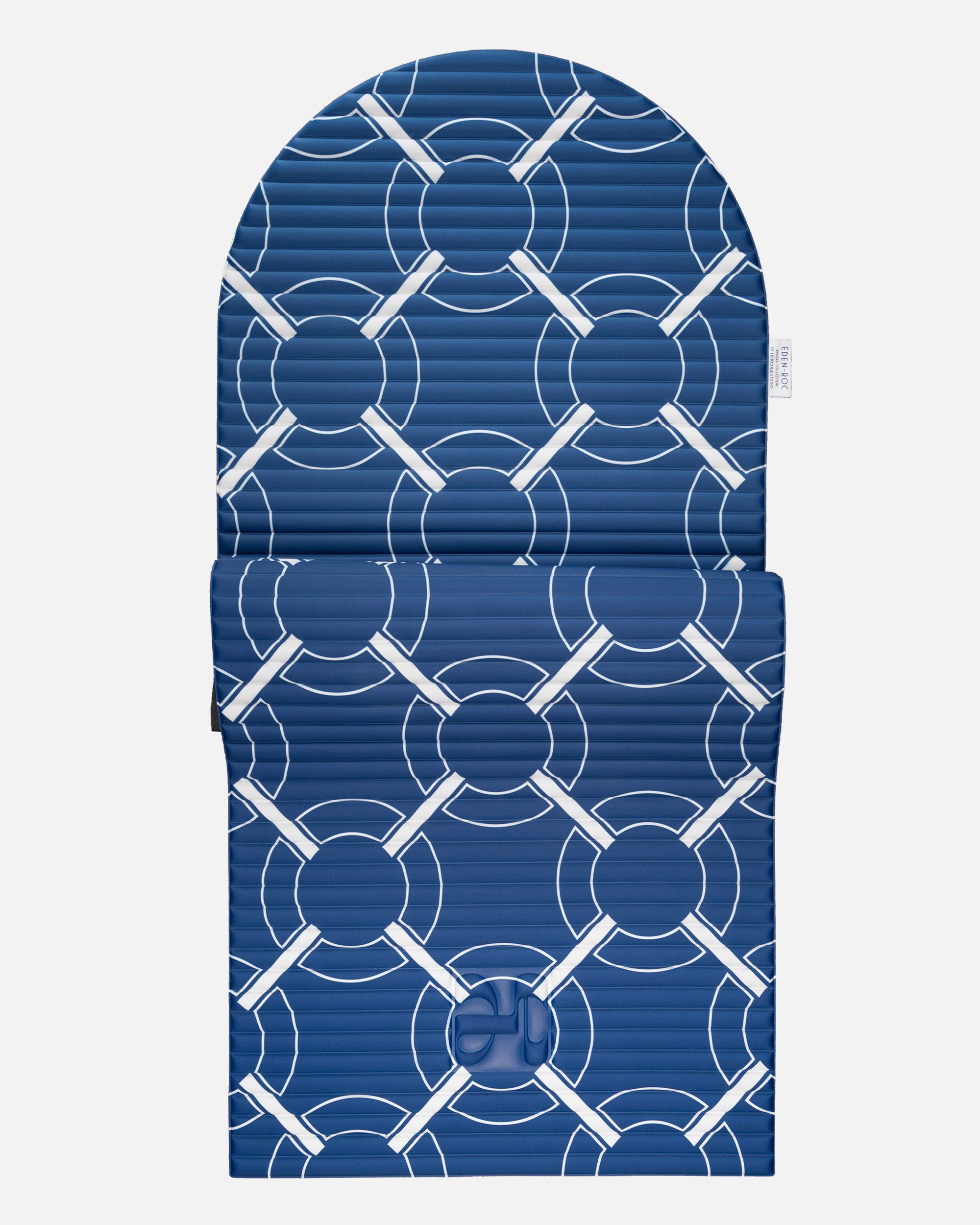 Hercule Studio Archy blue Eden roc monogram arch-shaped sport mat in limited edition, durable premium Made in France design mat for fitness, Pilates and stretching, half unrolled view