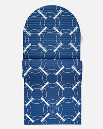 Hercule Studio Archy blue Eden roc monogram arch-shaped sport mat in limited edition, durable premium Made in France design mat for fitness, Pilates and stretching, half unrolled view