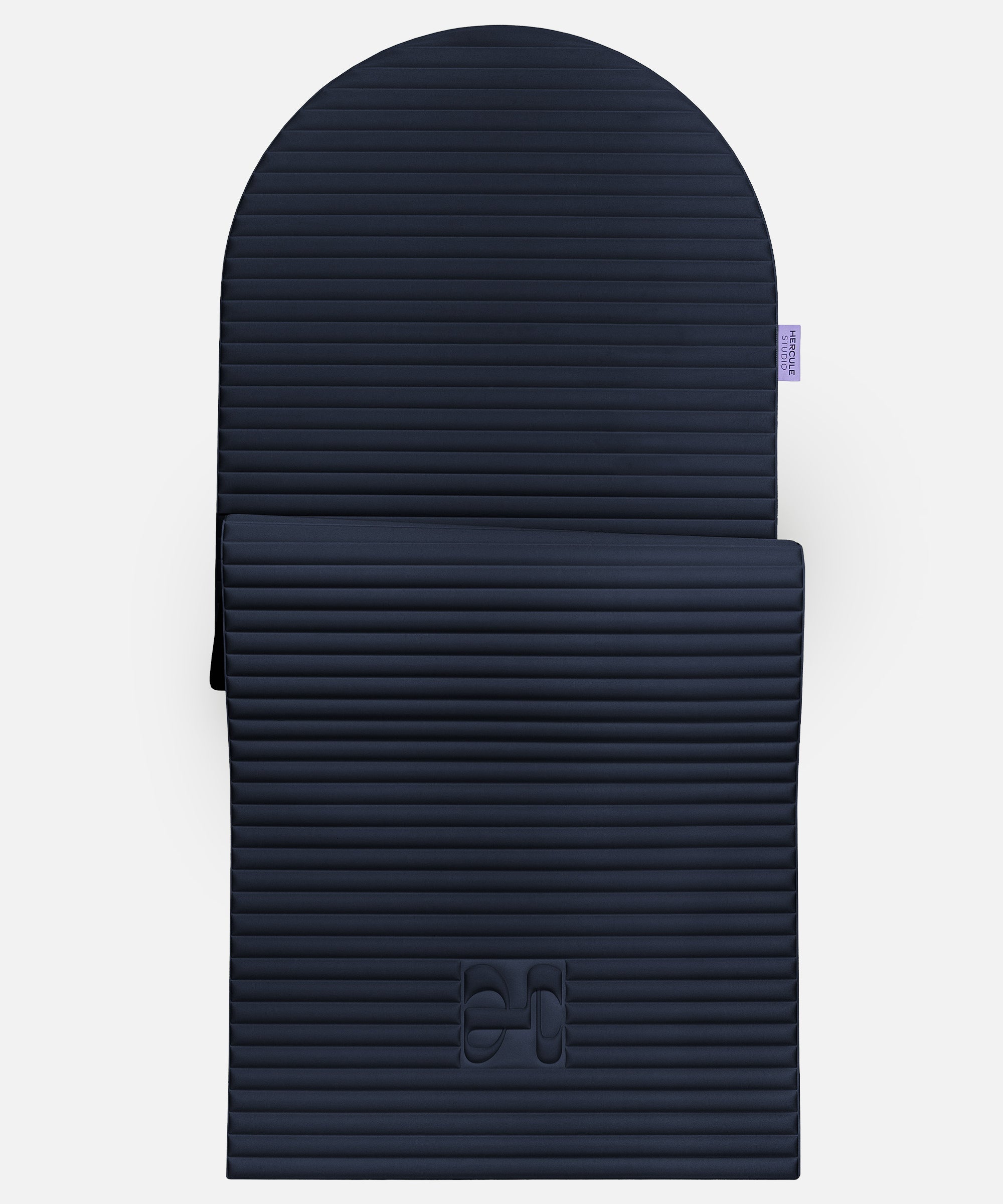 Hercule Studio Archy navy arch-shaped sport mat, durable premium Made in France design mat for fitness, Pilates and stretching, half unrolled view