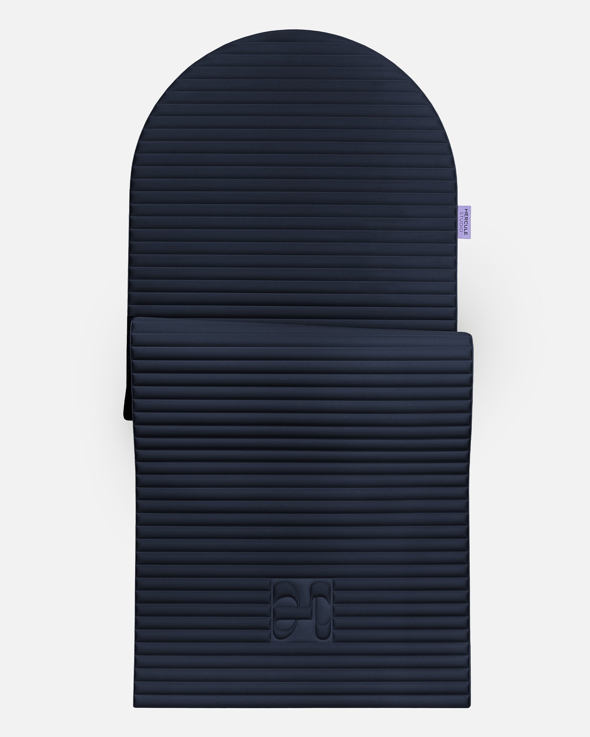 Hercule Studio Archy navy arch-shaped sport mat, durable premium Made in France design mat for fitness, Pilates and stretching, half unrolled view