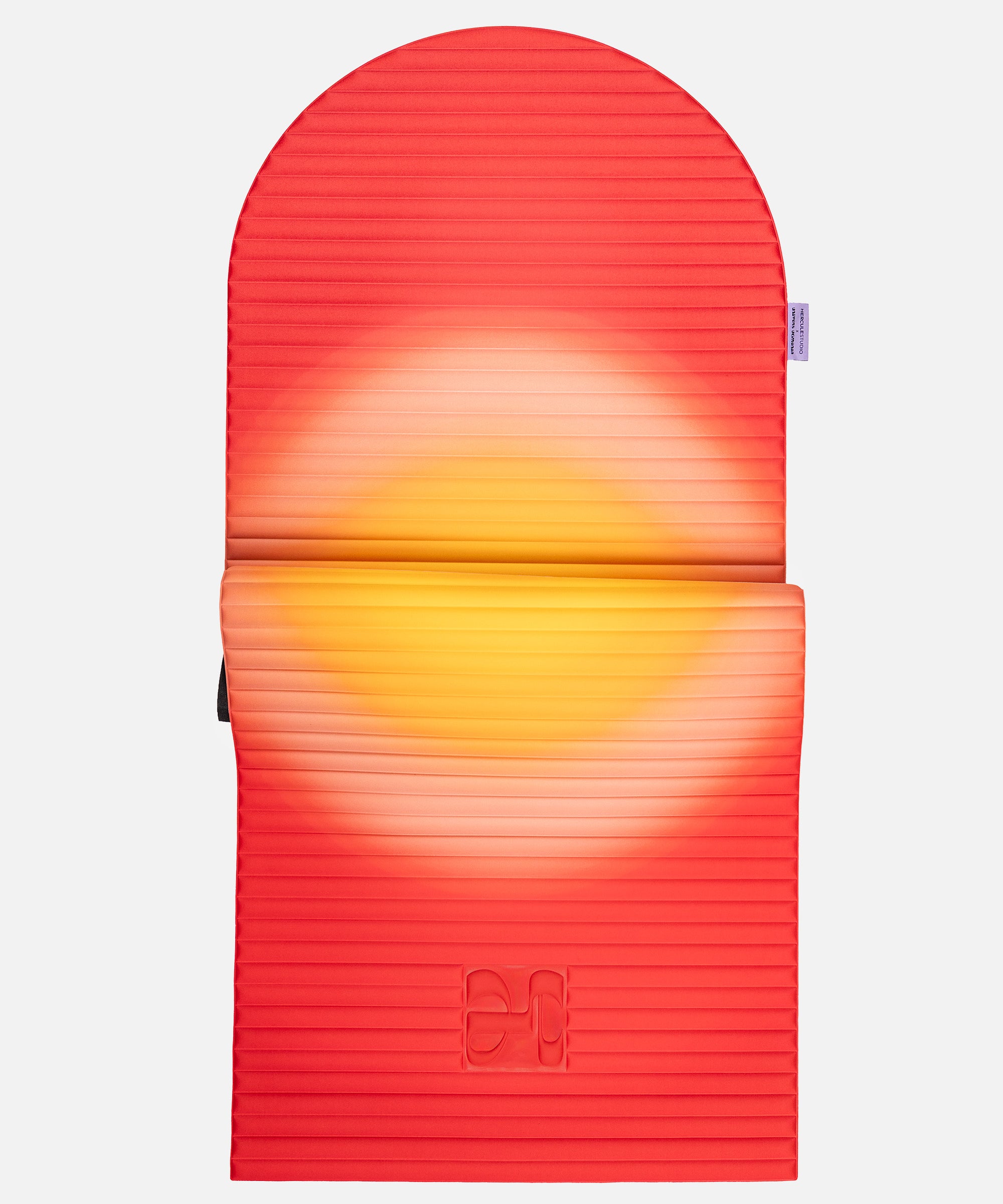 Hercule Studio x Univers Uchronia arch-shaped sport mat, Archy Summer red and yellow printed model, durable Made in France design mat for fitness, Pilates and stretching, half unrolled view
